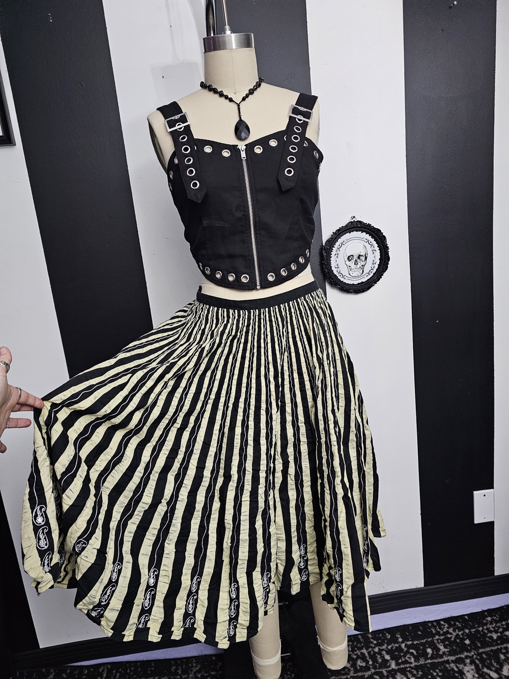 Anthropologie Black & Cream Striped Circle Skirt - Vintage Gothic Style